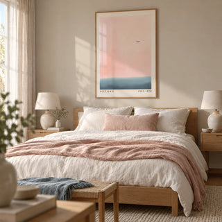 Pink and Blue Wall Art, framed on the wall of a serene bedroom with a soft greige wall