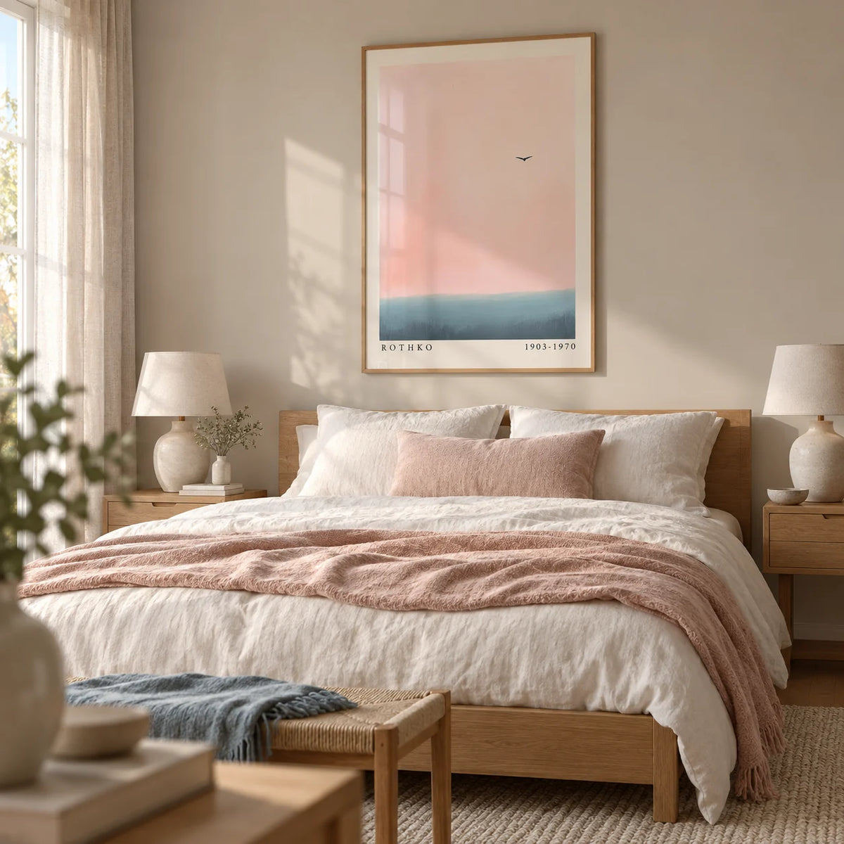 Pink and Blue Wall Art, framed on the wall of a serene bedroom with a soft greige wall