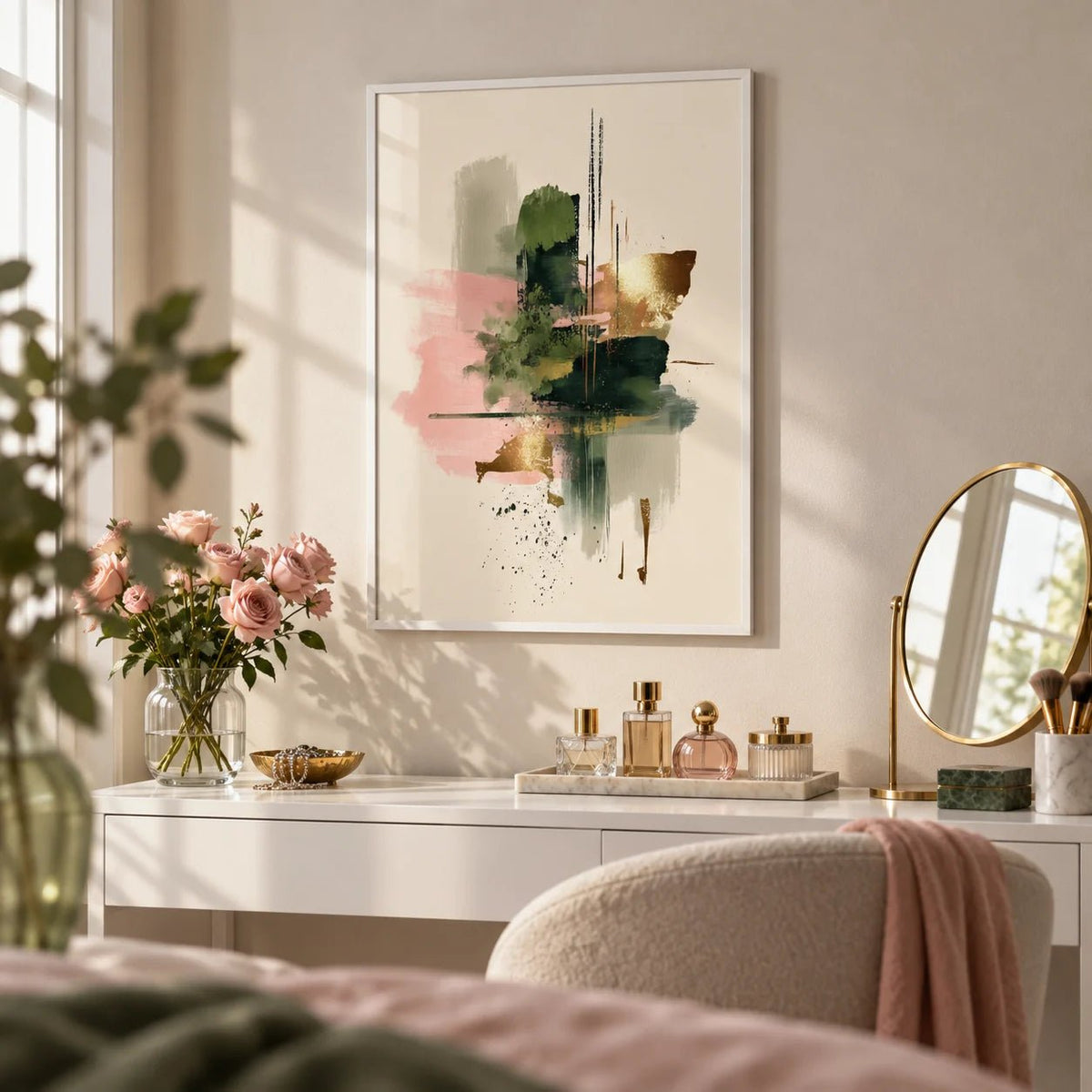 Pink And Green Print, framed on the wall of a bedroom dressing table