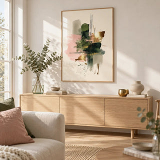 Pink And Green Print, framed on the wall of a bright Scandinavian living room