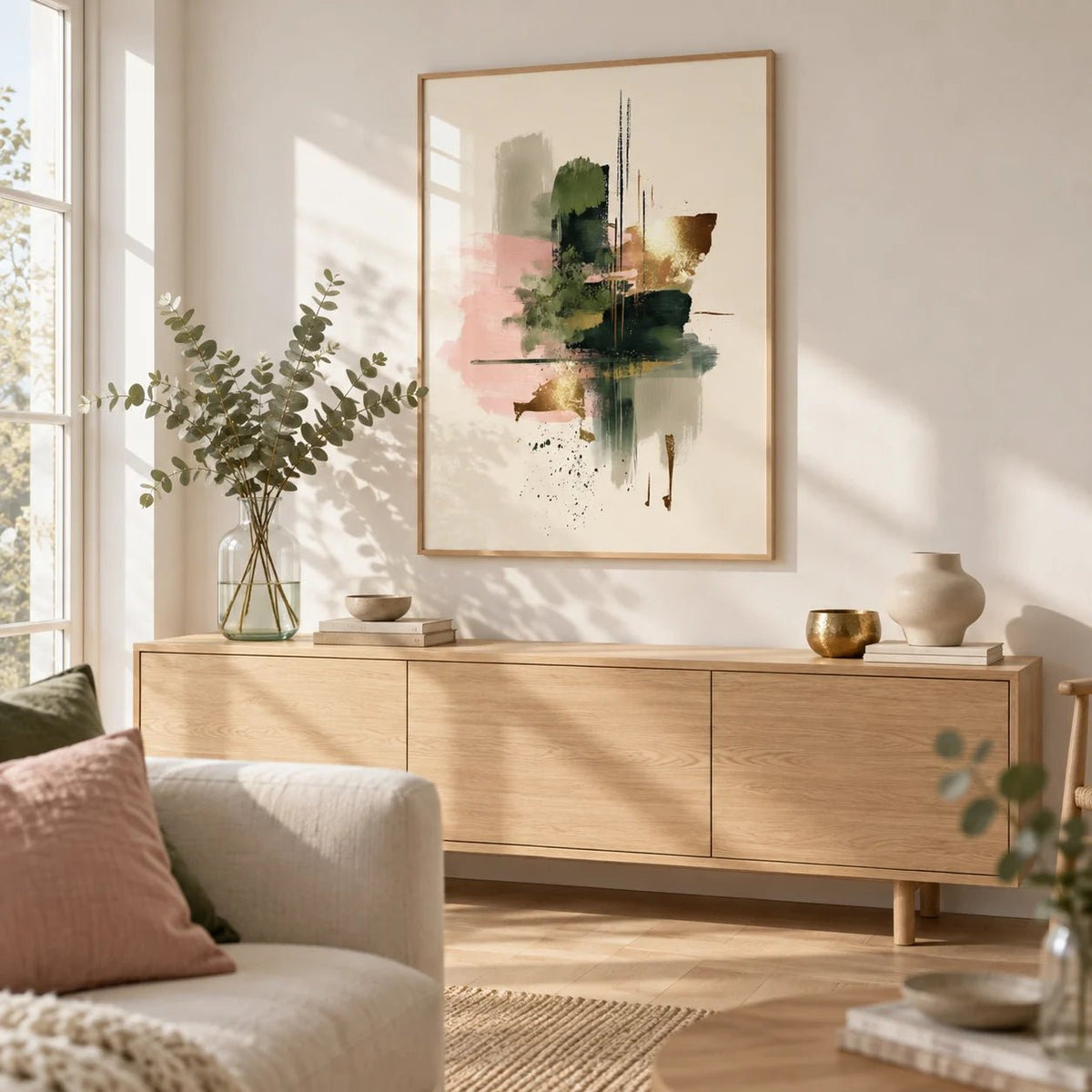 Pink And Green Print, framed on the wall of a bright Scandinavian living room
