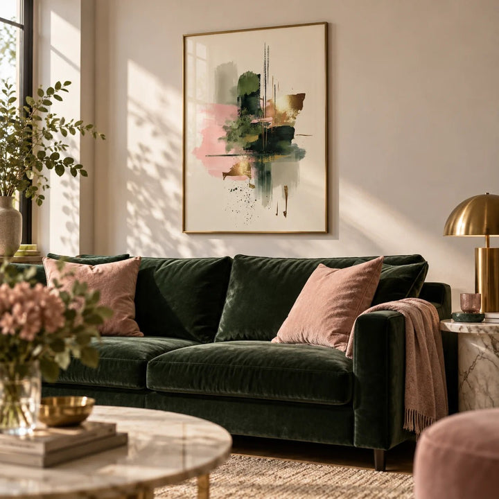 Pink And Green Print, framed on the wall of a elegant living room