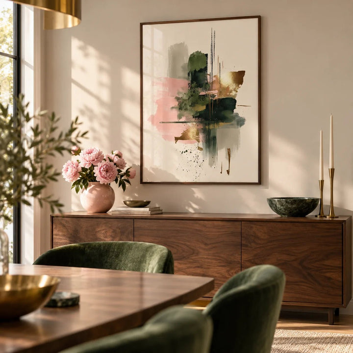 Pink And Green Print, framed on the wall of a luxe dining room