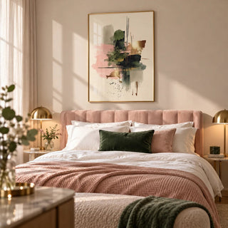 Pink And Green Print, framed on the wall of a romantic bedroom