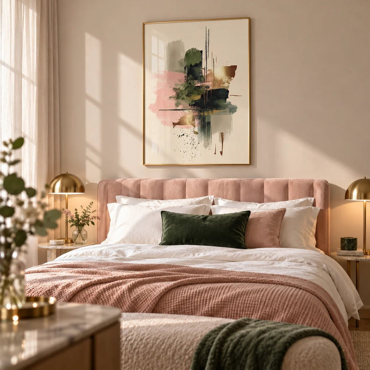 Pink And Green Print, framed on the wall of a romantic bedroom