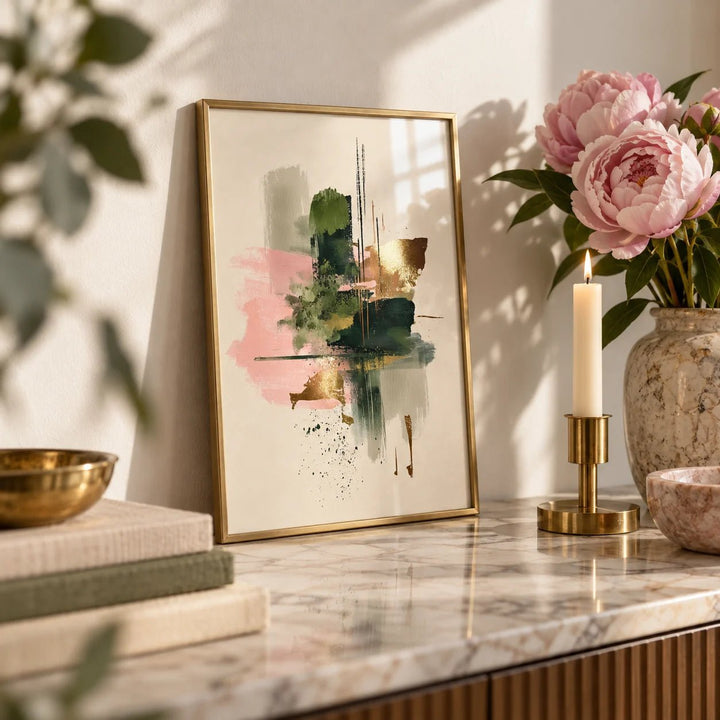 Pink And Green Print, a small A4 framed print leaning on a marble side table in a hallway