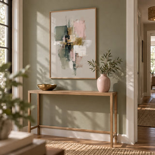 Pink And Green Wall Art, framed on the wall of a calm hallway with a sage green wall