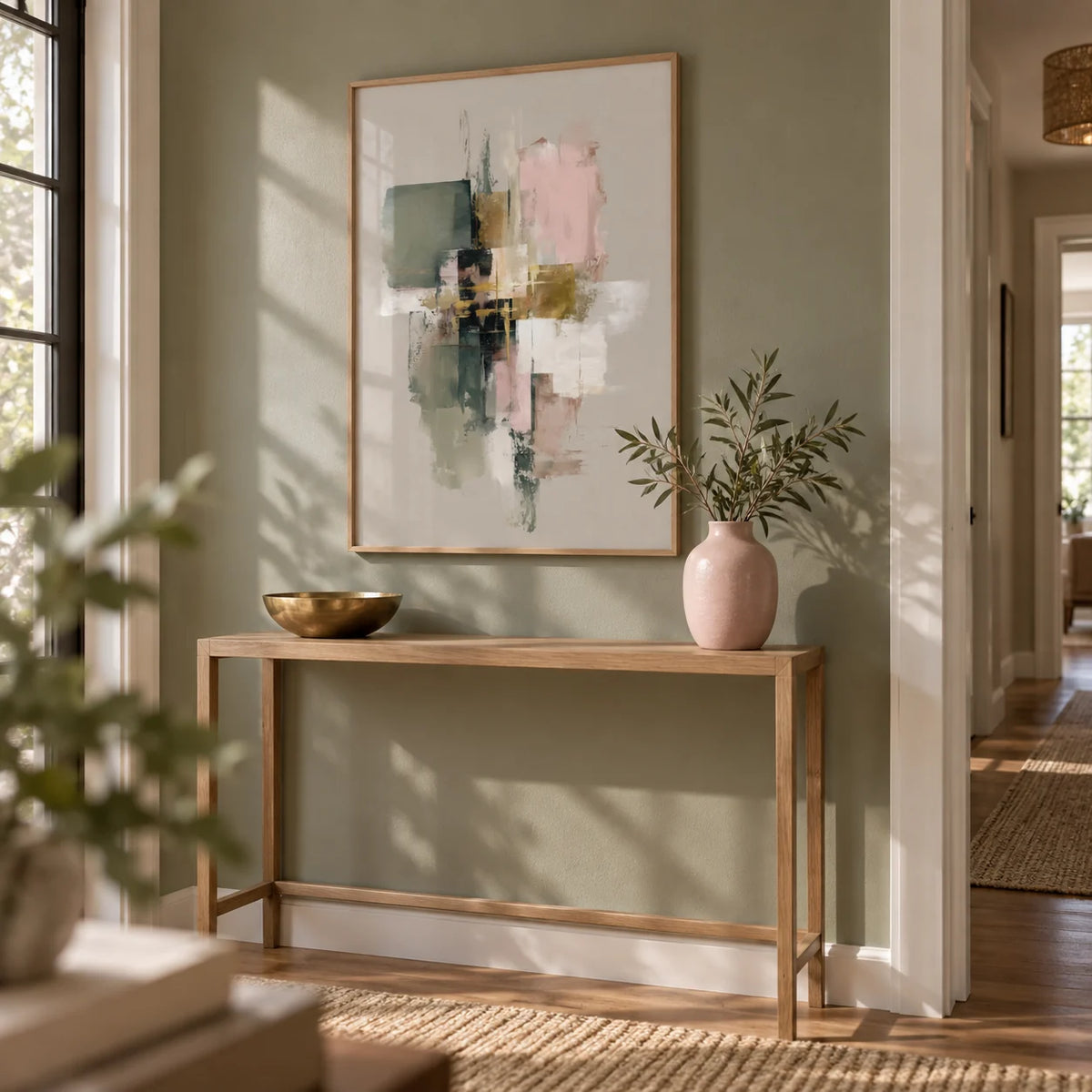 Pink And Green Wall Art, framed on the wall of a calm hallway with a sage green wall