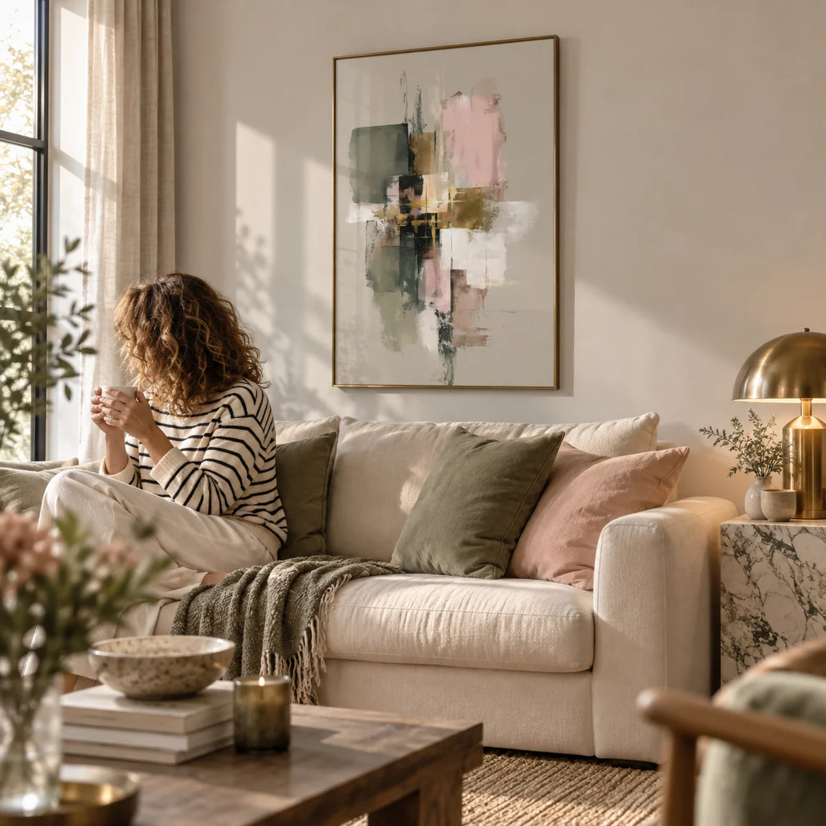 Pink And Green Wall Art, framed on the wall of an elegant living room