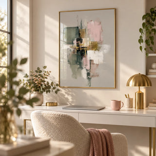 Pink And Green Wall Art, framed on the wall of a feminine home office