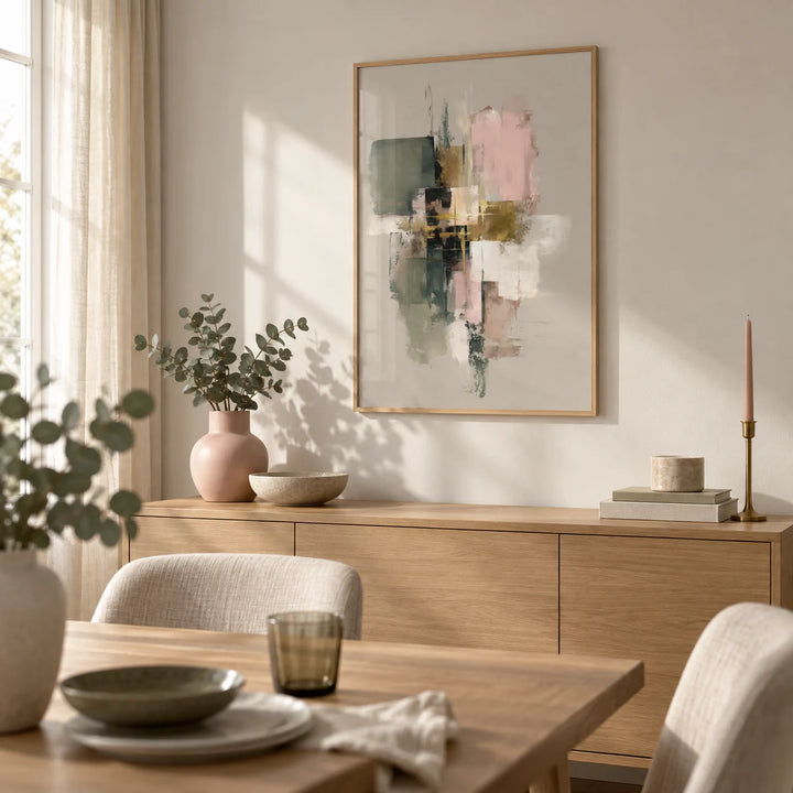 Pink And Green Wall Art, framed on the wall of a soft modern dining room
