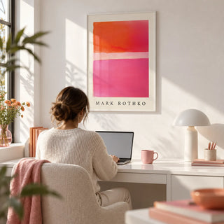 Pink and Orange Wall Art, framed on the wall of a bright modern home office with a white wall