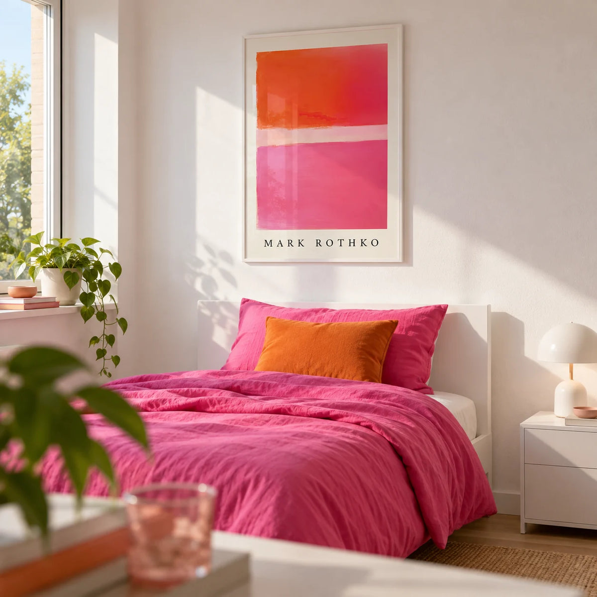 Pink and Orange Wall Art, framed on the wall of a bright single bedroom for a young adult (18-25) with a white wall