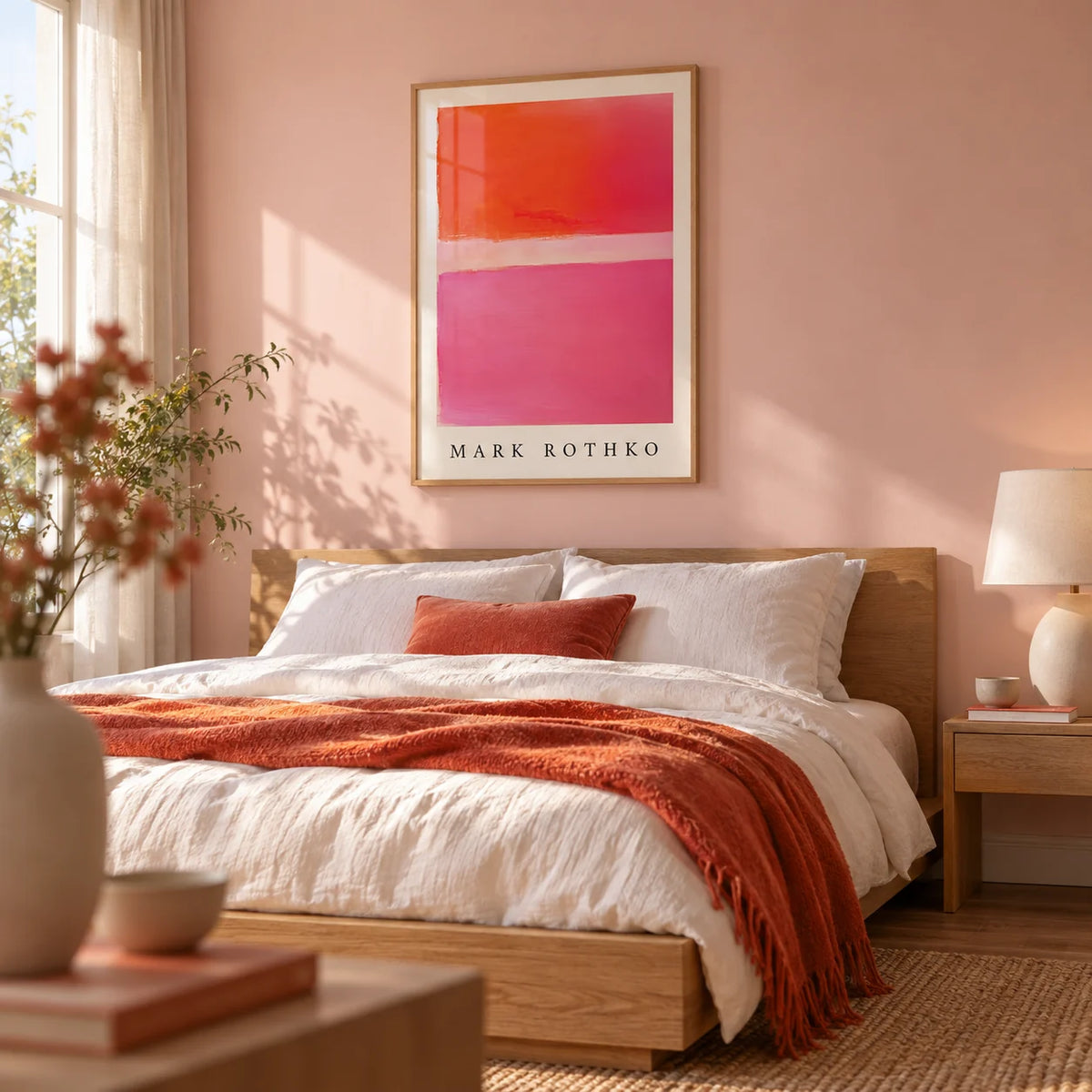Pink and Orange Wall Art, framed on the wall of a calm modern bedroom with a soft blush pink wall