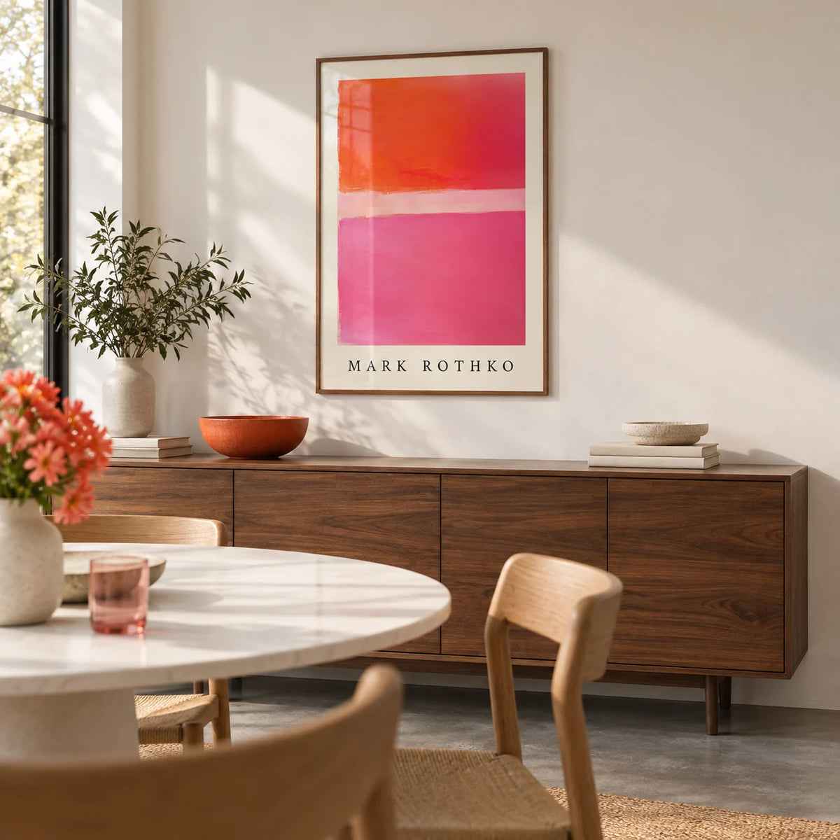 Pink and Orange Wall Art, framed on the wall of a modern dining room with a warm white wall and a concrete floor