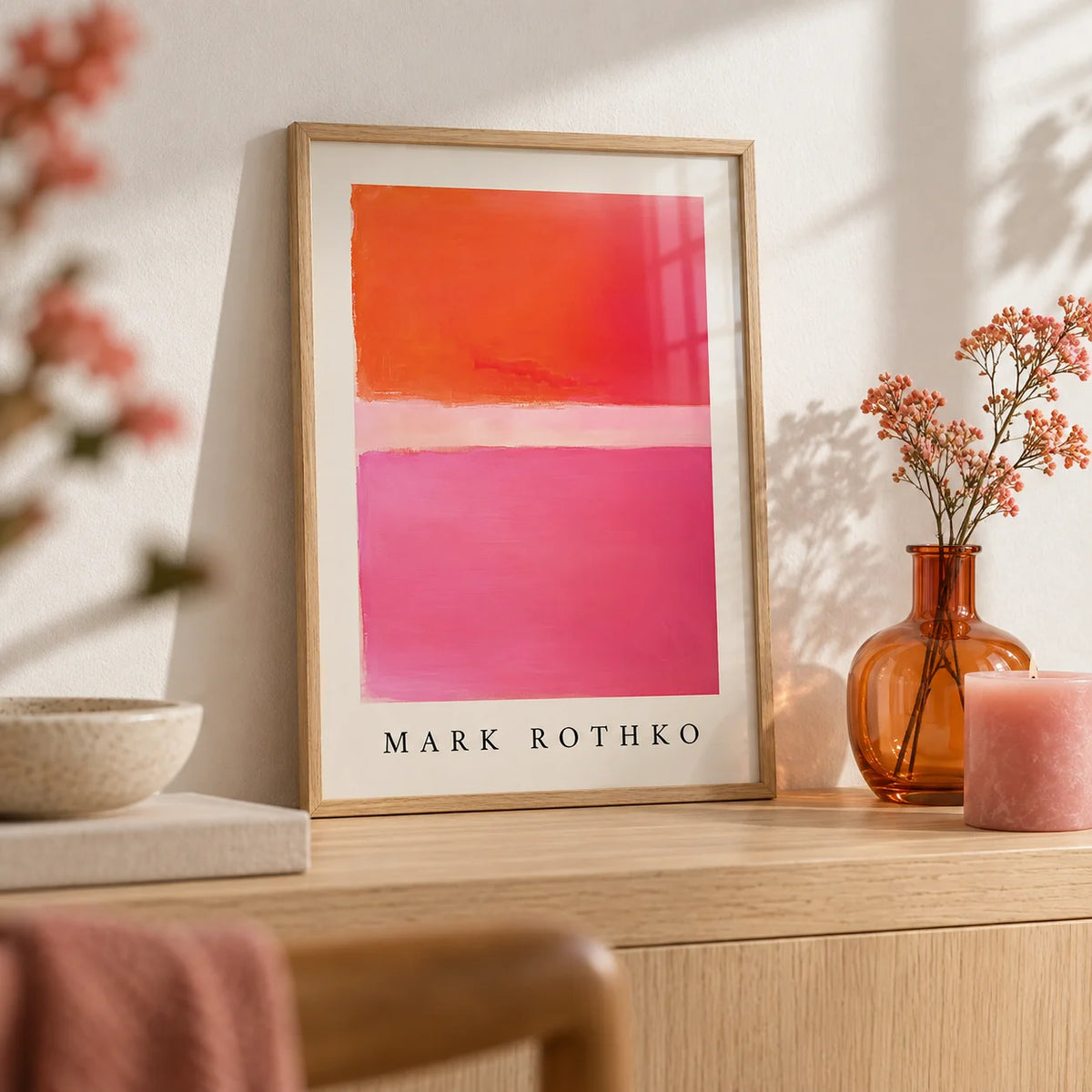 Pink and Orange Wall Art, a small A4 framed print leaning on a pale oak shelf in a living room