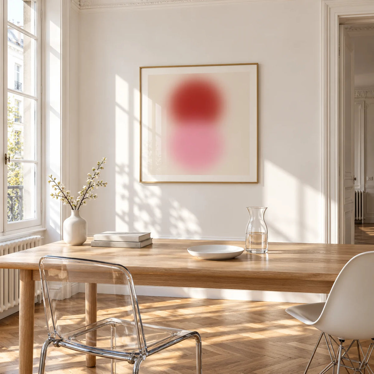 Pink and Red Print, framed on the wall of a bright dining corner