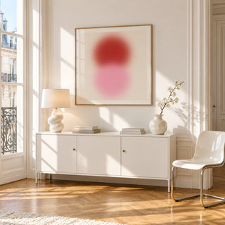 Pink and Red Print, framed on the wall of a bright Paris style apartment in a living room