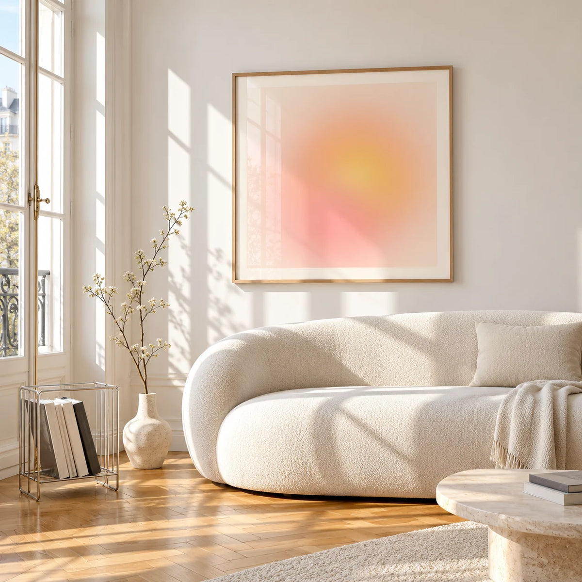 Pink and Yellow Print, framed on the wall of a bright living room corner