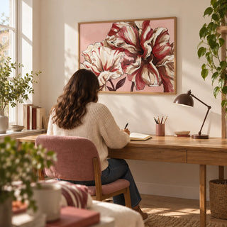 Pink Background Flower Print, framed on the wall of a bright home study in a UK first home for an adult aged 25-35