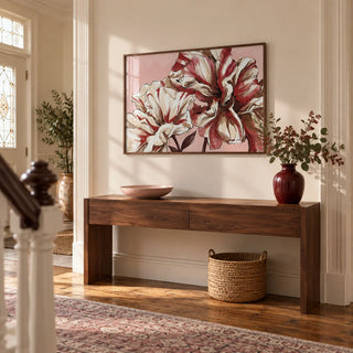 Pink Background Flower Print, framed on the wall of a welcoming hallway in a Victorian terrace with cream walls and restored wood floorboards