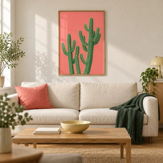 Pink Cactus Painting, framed on the wall of a bright modern living room in a UK first flat (22-28)