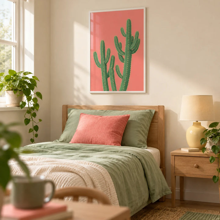 Pink Cactus Painting, framed on the wall of a cheerful single bedroom for a young adult (18-25) in a UK shared house with a soft cream wall