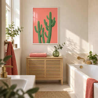 Pink Cactus Painting, framed on the wall of a fresh contemporary bathroom in a UK terraced house with warm white walls and plain cream tiles