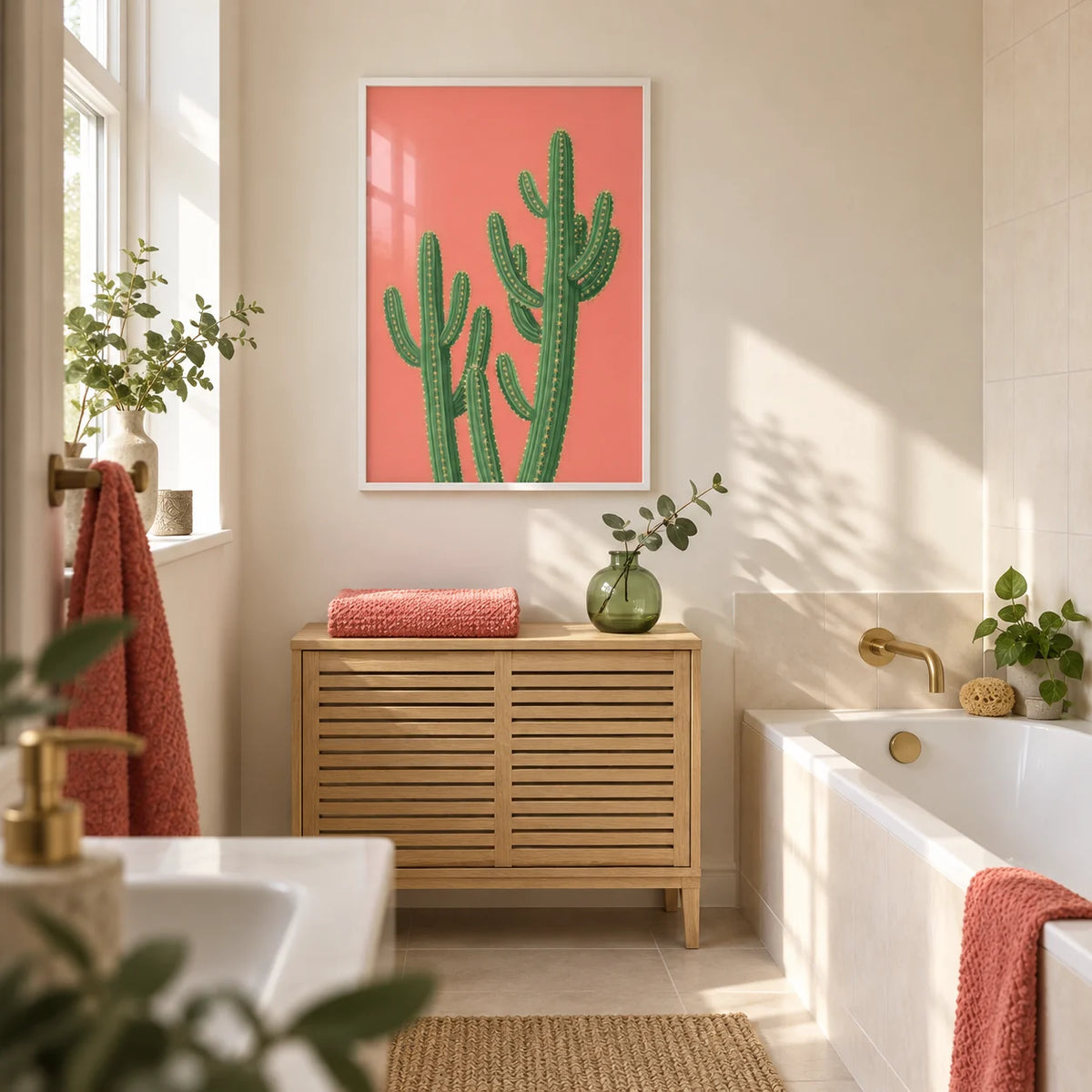 Pink Cactus Painting, framed on the wall of a fresh contemporary bathroom in a UK terraced house with warm white walls and plain cream tiles