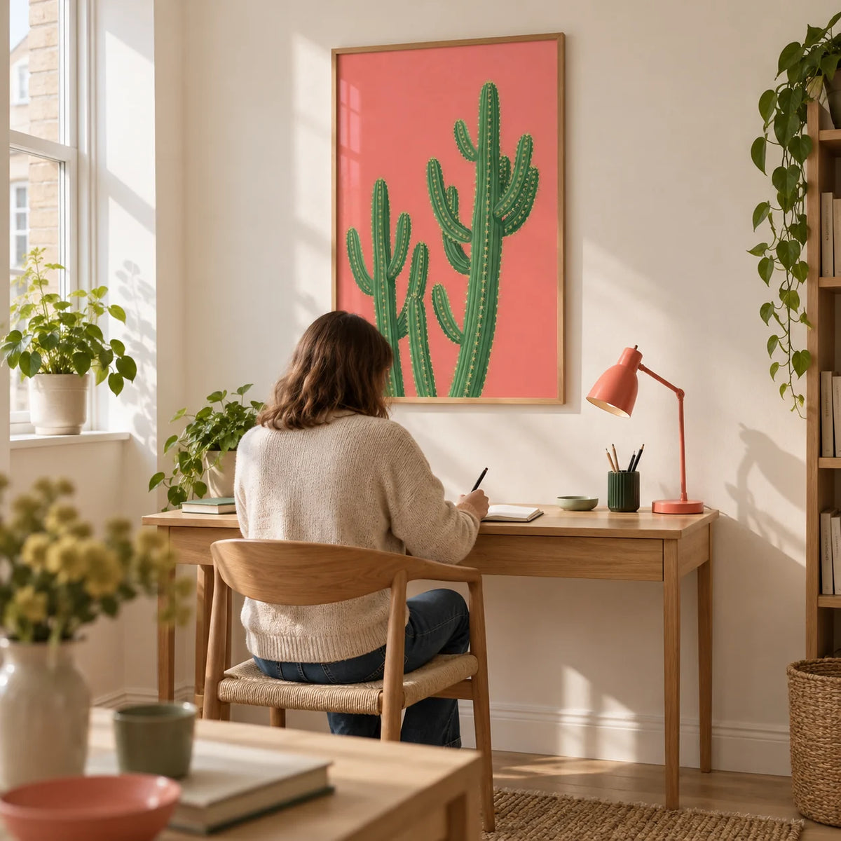 Pink Cactus Painting, framed on the wall of a light home study in a UK flat with a warm white wall and pale oak floor