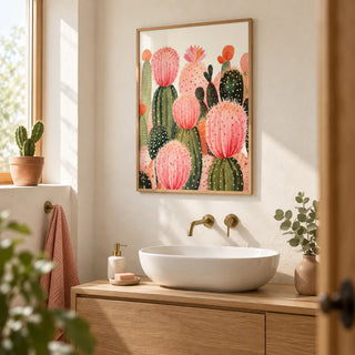 Pink Cactus Print, framed on the wall of a bright bathroom with warm white plaster walls