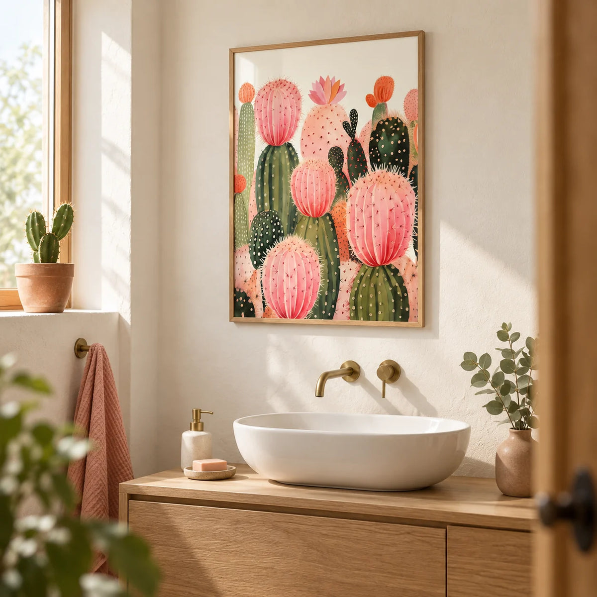 Pink Cactus Print, framed on the wall of a bright bathroom with warm white plaster walls