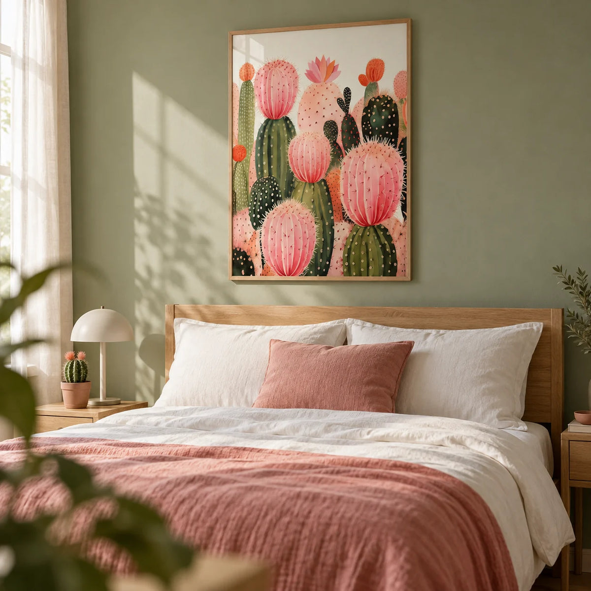 Pink Cactus Print, framed on the wall of a calm bedroom with a soft sage green wall