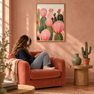 Pink Cactus Print, framed on the wall of a desert-modern living room with a dusty pink limewashed wall and a plain terracotta floor