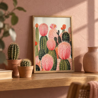 Pink Cactus Print, a small A4 framed print leaning on an oak shelf in a living room