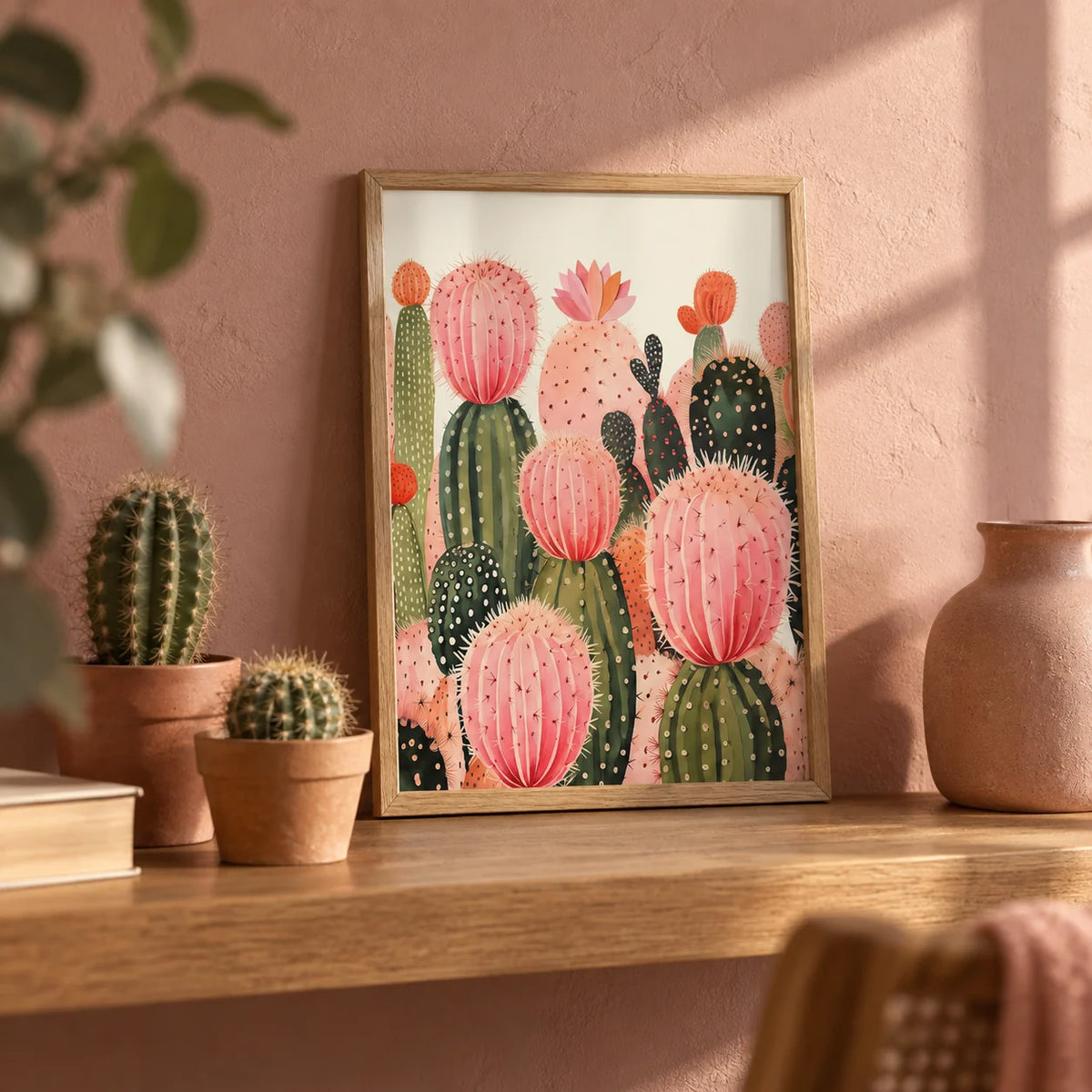 Pink Cactus Print, a small A4 framed print leaning on an oak shelf in a living room