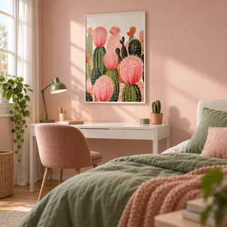 Pink Cactus Print, framed on the wall of a teenager's bedroom (13-17) with a soft pink wall