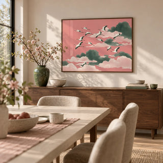 Pink Crane Wall Art, framed on the wall of a calm dining room