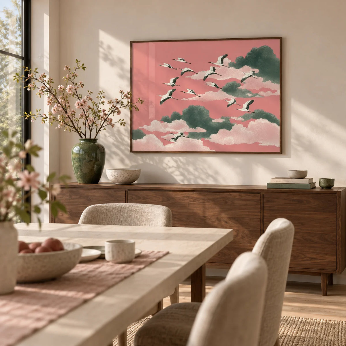 Pink Crane Wall Art, framed on the wall of a calm dining room