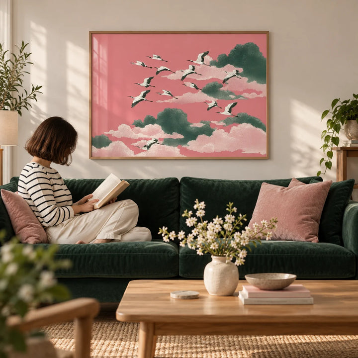 Pink Crane Wall Art, framed on the wall of an elegant calm living room with a soft white wall