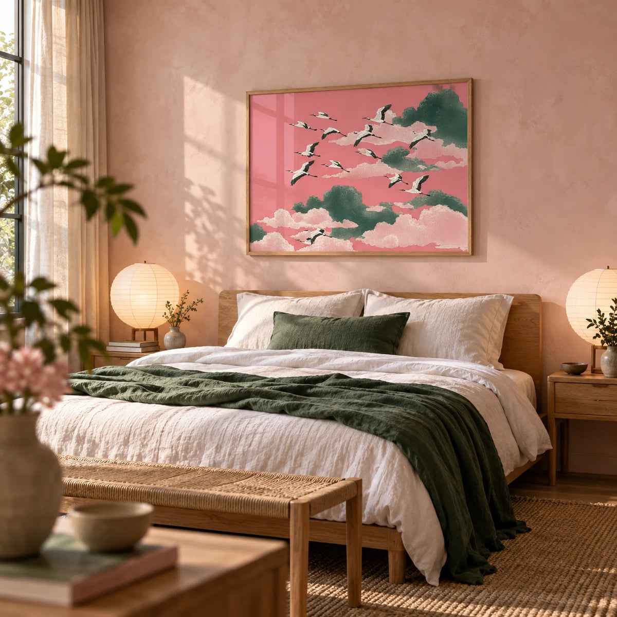 Pink Crane Wall Art, framed on the wall of a serene bedroom with a pale pink limewashed wall