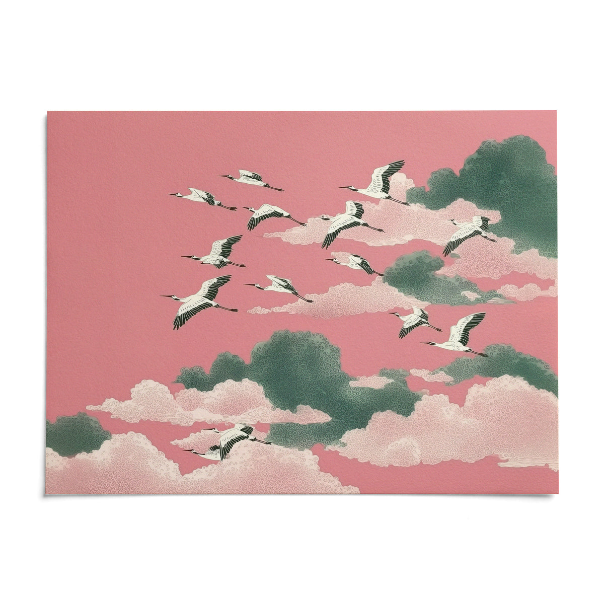 Pink Crane Wall Art, shown as an unframed paper print on a plain white background