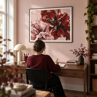 Pink Floral Print, framed on the wall of a compact home study in a design-conscious UK flat with a pale pink wall