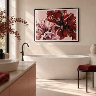 Pink Floral Print, framed on the wall of a contemporary bathroom with a warm white wall