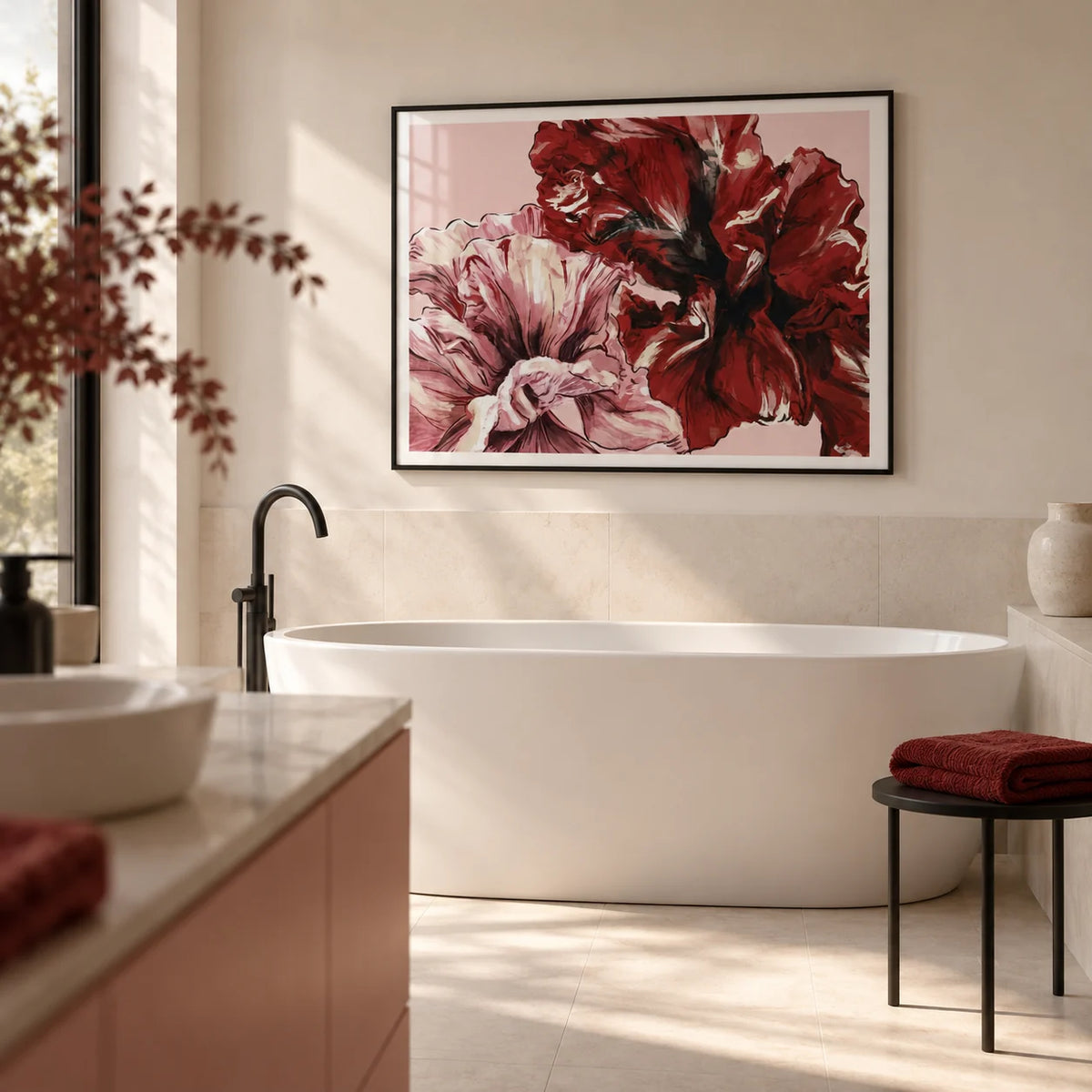 Pink Floral Print, framed on the wall of a contemporary bathroom with a warm white wall