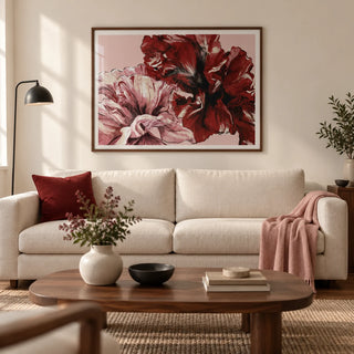Pink Floral Print, framed on the wall of a contemporary living room in a UK city flat with warm white walls and a walnut floor