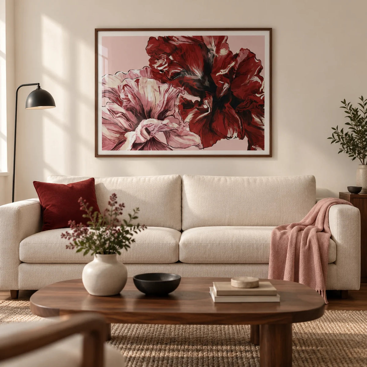 Pink Floral Print, framed on the wall of a contemporary living room in a UK city flat with warm white walls and a walnut floor