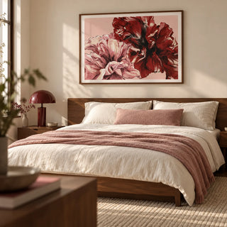 Pink Floral Print, framed on the wall of a contemporary main bedroom with a warm cream wall and a low walnut double bed