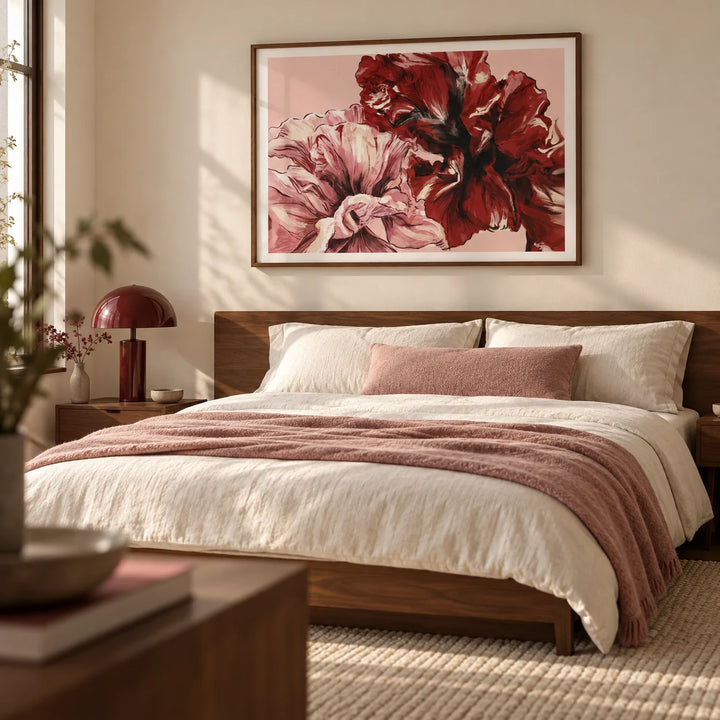 Pink Floral Print, framed on the wall of a contemporary main bedroom with a warm cream wall and a low walnut double bed