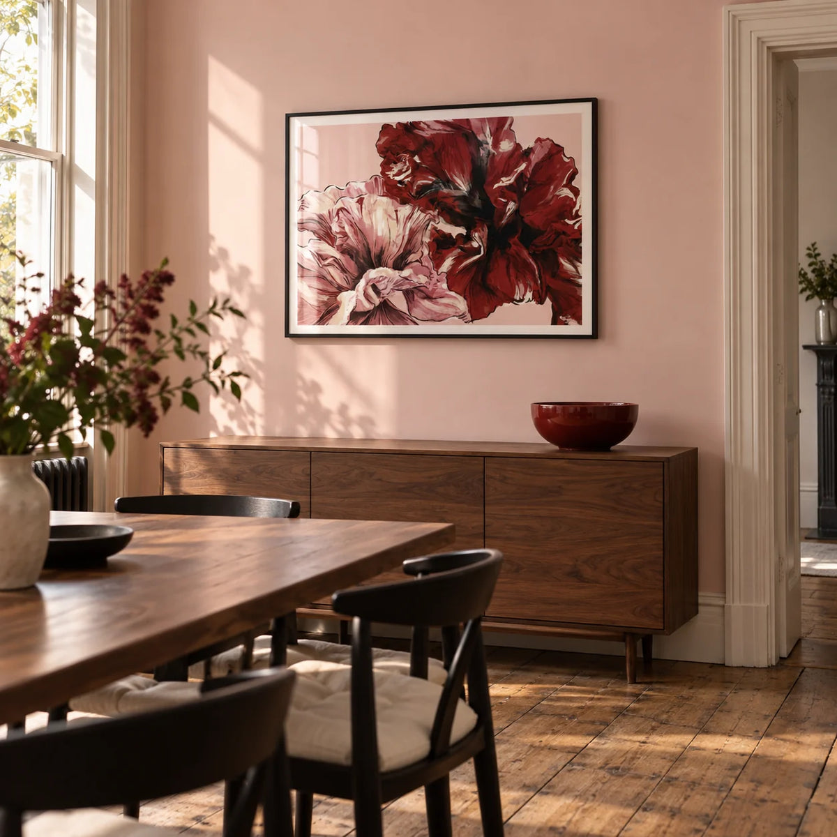 Pink Floral Print, framed on the wall of a modern dining room in a Victorian terrace with a pale blush pink wall and stripped timber floorboards